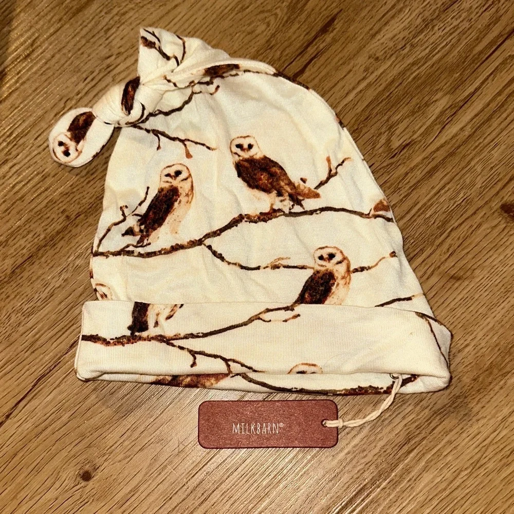 NEW Milkbarn Cream Beanie with Brown Owl Print